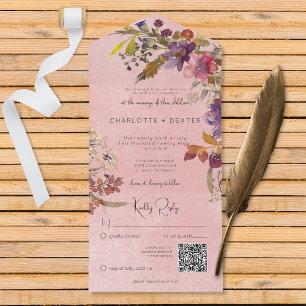 Rustieke Boho Jewel Tone Roze Bloemen QR Code All In One Uitnodiging