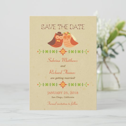 Rustieke Boho Liefdesvogel Uil Bruiloft Save The Date (Staand voorkant)