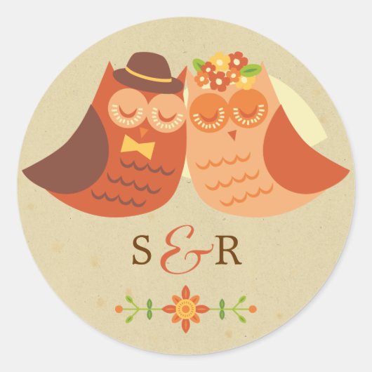 Rustieke Boho Lovebird Uil Paar Bruiloft Ronde Sticker (Voorkant)
