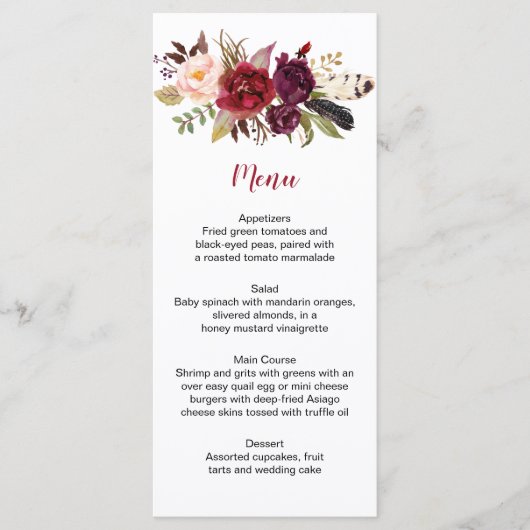 Rustieke Boho Marsala Bloemen Veren Bruiloft Menu (Voorkant)