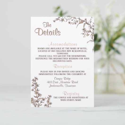 Rustieke Boho Neutral Wildflower Wedding Details Informatiekaartje (Staand voorkant)