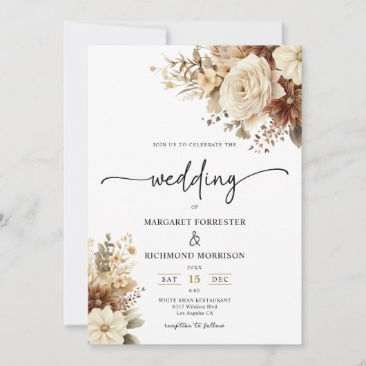 Rustieke Boho Neutrale Waterverf Bloemen Huwelijk Kaart (Voorkant)