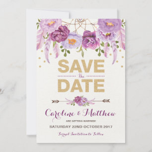 Rustieke Boho Paarse Gouden Bloemige Save the Date
