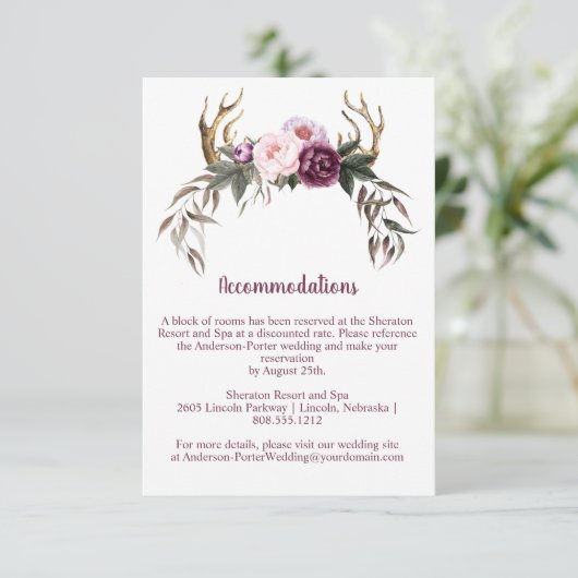 Rustieke Boho Paarse pioenen en gewei Informatiekaartje (Staand voorkant)