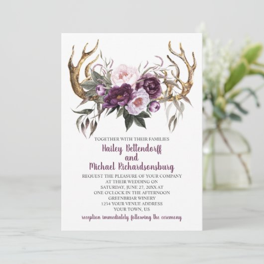 Rustieke Boho Paarse Plum Pioenengewei Bruiloft Kaart (Staand voorkant)