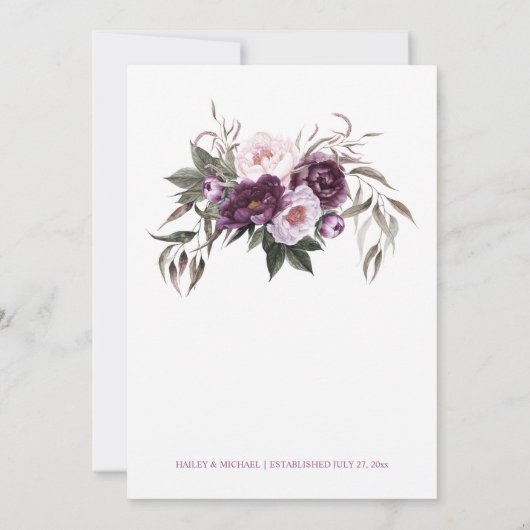 Rustieke Boho Paarse Plum Pioenengewei Bruiloft Kaart (Achterkant)