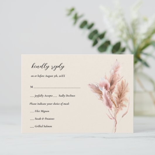 Rustieke Boho Pampas Grass RSVP-kaart RSVP Kaartje (Staand voorkant)
