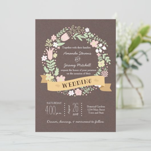 Rustieke Boho Pastel Bloem Krans Bruiloft Kaart (Staand voorkant)