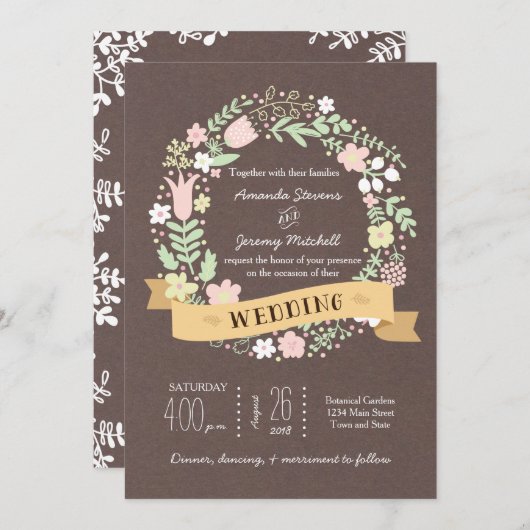 Rustieke Boho Pastel Bloem Krans Bruiloft Kaart (Voorkant / Achterkant)