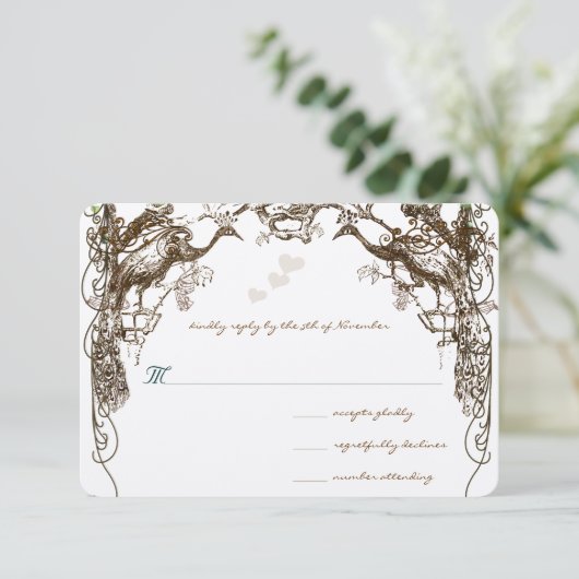 Rustieke Boho Peacock Liefde Vogel Bruiloft RSVP (Staand voorkant)