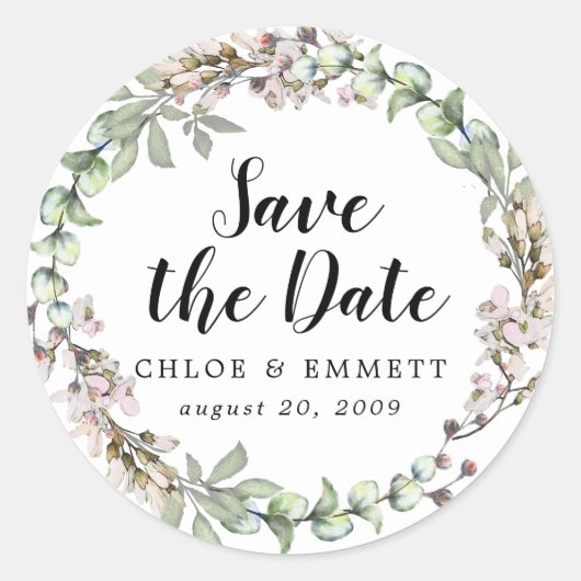 Rustieke Boho Pink Floral Bruiloft Save the Date Ronde Sticker (Voorkant)