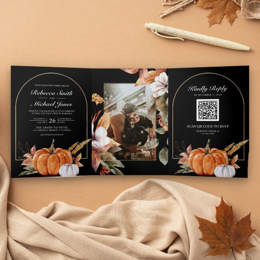 Rustieke Boho Pompoen Foto QR Code Zwarte Huwelijk Drieluik Uitnodiging