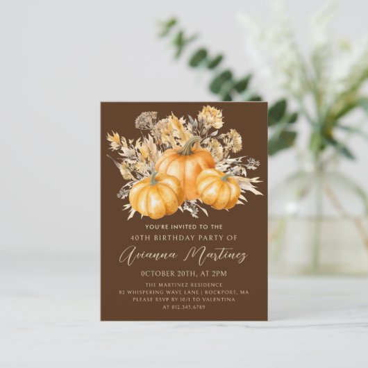 Rustieke Boho Pompoen Herfst 40ste Verjaardag Part Uitnodiging Briefkaart (Staand voorkant)