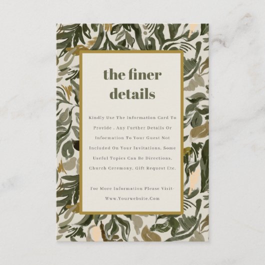 Rustieke Boho Retro Groene Botanische bruiloft Det Informatiekaartje (Voorkant)