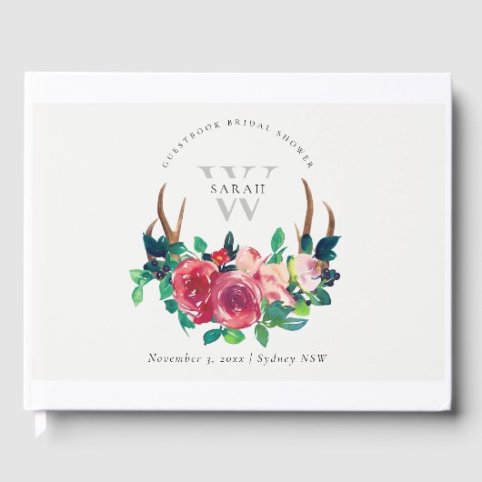 Rustieke Boho Rode Bloem Herten Geweien Bruidsmeis Gastenboek (Voorkant)