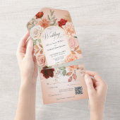 Rustieke Boho Roest & Peach Bloemenboog Blush QR C All In One Uitnodiging (Afscheurbaar)