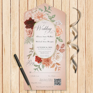 Rustieke Boho Roest & Perzik Bloem Ovaal Blush QR All In One Uitnodiging
