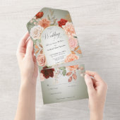 Rustieke Boho Roest Perzik Bloemenboog Sage Geen D All In One Uitnodiging (Afscheurbaar)