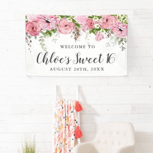 Rustieke Boho Roze en Witte Bloemen Sweet 16 Party Spandoek (Insitu)