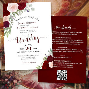 Rustieke Boho Rozen Burgundy Blush QR Code Trouwen Kaart