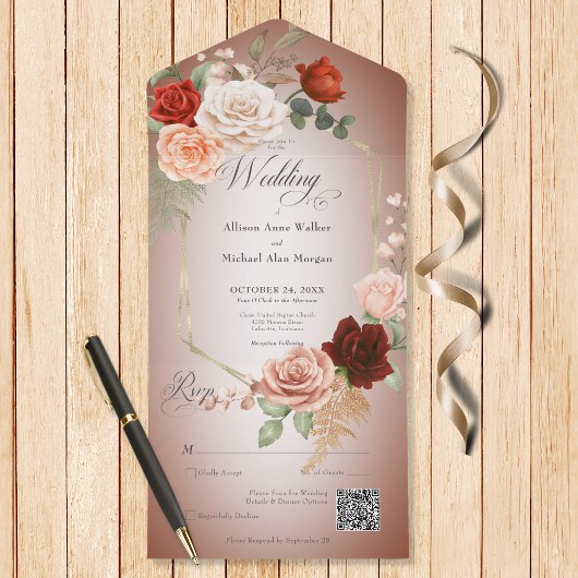 Rustieke Boho Rust & Perzik Bloemen Lijst Rust QR All In One Uitnodiging