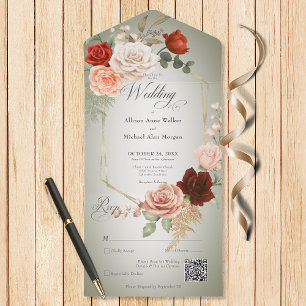 Rustieke Boho Rust & Perzik Bloemen Lijst Sage QR  All In One Uitnodiging