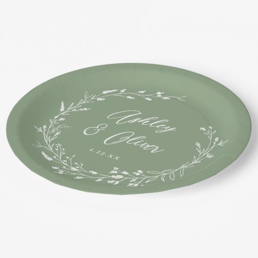 Rustieke Boho Sage Groene Wildbloem Bloemen Bruilo Papieren Bordje (Gekanteld)