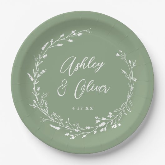 Rustieke Boho Sage Groene Wildbloem Bloemen Bruilo Papieren Bordje (Voorkant)