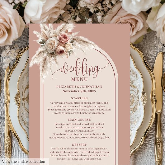 Rustieke Boho Stof Roze Pampas Bloem Bruiloftsmenu Menu