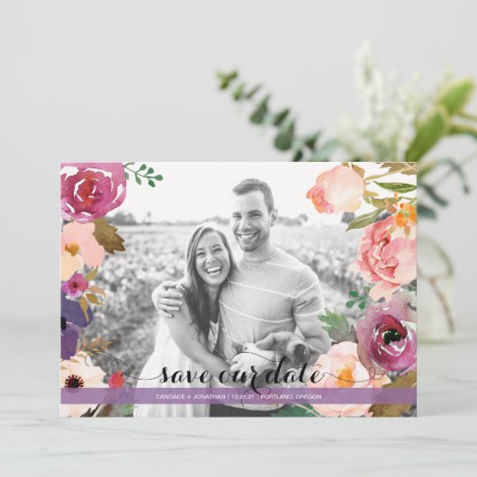 Rustieke Boho Waterverf Flowers Foto Save the Date (Staand voorkant)
