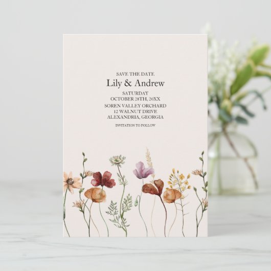 Rustieke Boho Wilde Bloem Bewaar De Datum Kaart (Staand voorkant)