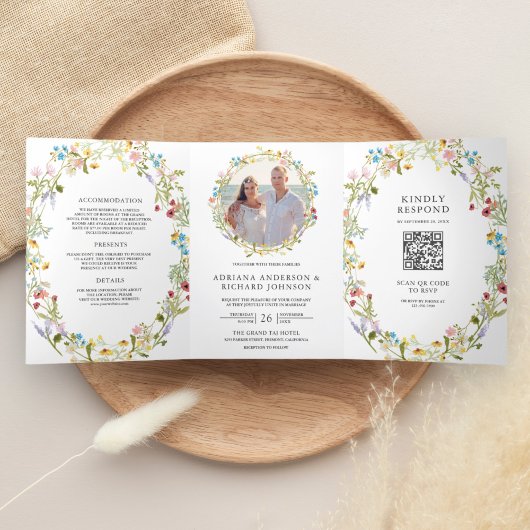 Rustieke Boho Wilde Bloem Foto QR Code Trouwen Drieluik Uitnodiging