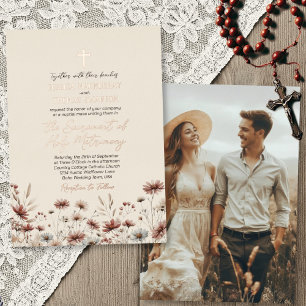 Rustieke Boho Wilde Bloemen Moderne Katholieke Bru Folie Uitnodiging
