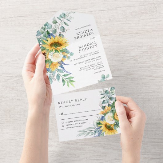 Rustieke Boho Zonnebloemen en Rozen Bruiloft All In One Uitnodiging (Afscheurbaar)