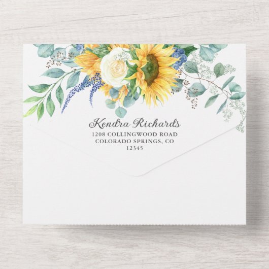 Rustieke Boho Zonnebloemen en Rozen Bruiloft All In One Uitnodiging (Achterkant)