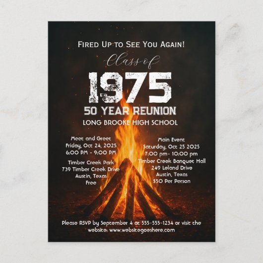Rustieke Bonfire Black High School Class Reunion Briefkaart (Voorkant)