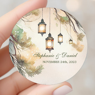 Rustieke Boom Botanische Lantaarn Lichten Bruiloft Ronde Sticker
