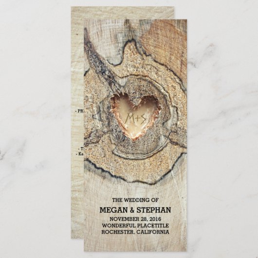 Rustieke boom hout hart carving bruiloft programma (Voorkant / Achterkant)