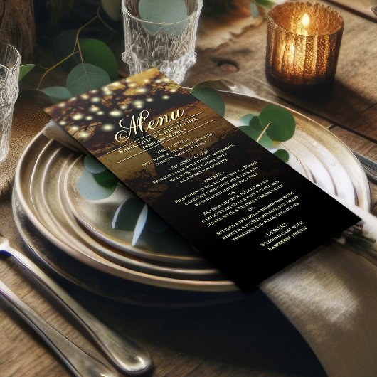 Rustieke boom met Strings of Lights bruiloft Menu