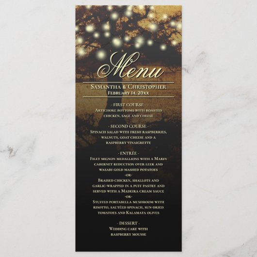 Rustieke boom met Strings of Lights bruiloft Menu (Voorkant)
