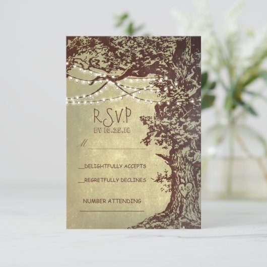 Rustieke boom & string lichten bruiloft RSVP (Staand voorkant)