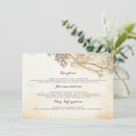 Rustieke boom takken bruiloft informatie gast informatiekaartje (Staand voorkant)