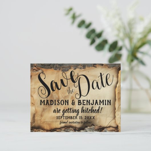 Rustieke boomschors perkament papier bruiloft briefkaart (Staand voorkant)