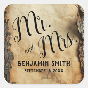 Rustieke boomschors  perkament trouwgunst vierkante sticker