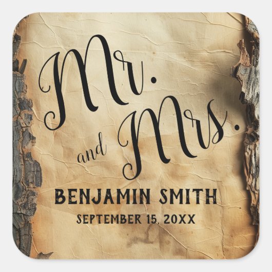 Rustieke boomschors  perkament trouwgunst vierkante sticker (Voorkant)