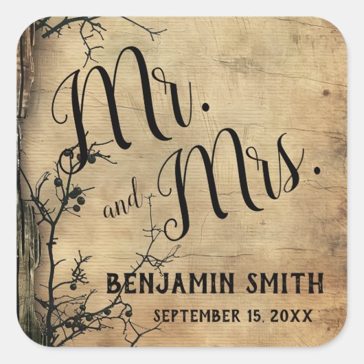 Rustieke boomtak  bruin bruiloft gunst vierkante sticker (Voorkant)