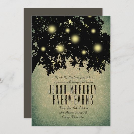 Rustieke boomtakken gloeiende lichten bruiloft kaart (Voorkant / Achterkant)