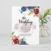 Rustieke bordeaux blauwe bloemige bruiloft kaart (Staand voorkant)