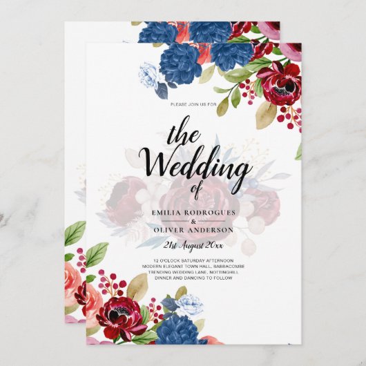 Rustieke bordeaux blauwe bloemige bruiloft kaart (Voorkant / Achterkant)