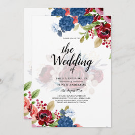 Rustieke bordeaux blauwe bloemige bruiloft kaart